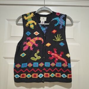 Susan Bristol Vintage Lizard Cactus Western Knit Sweater Vest Size S Petite